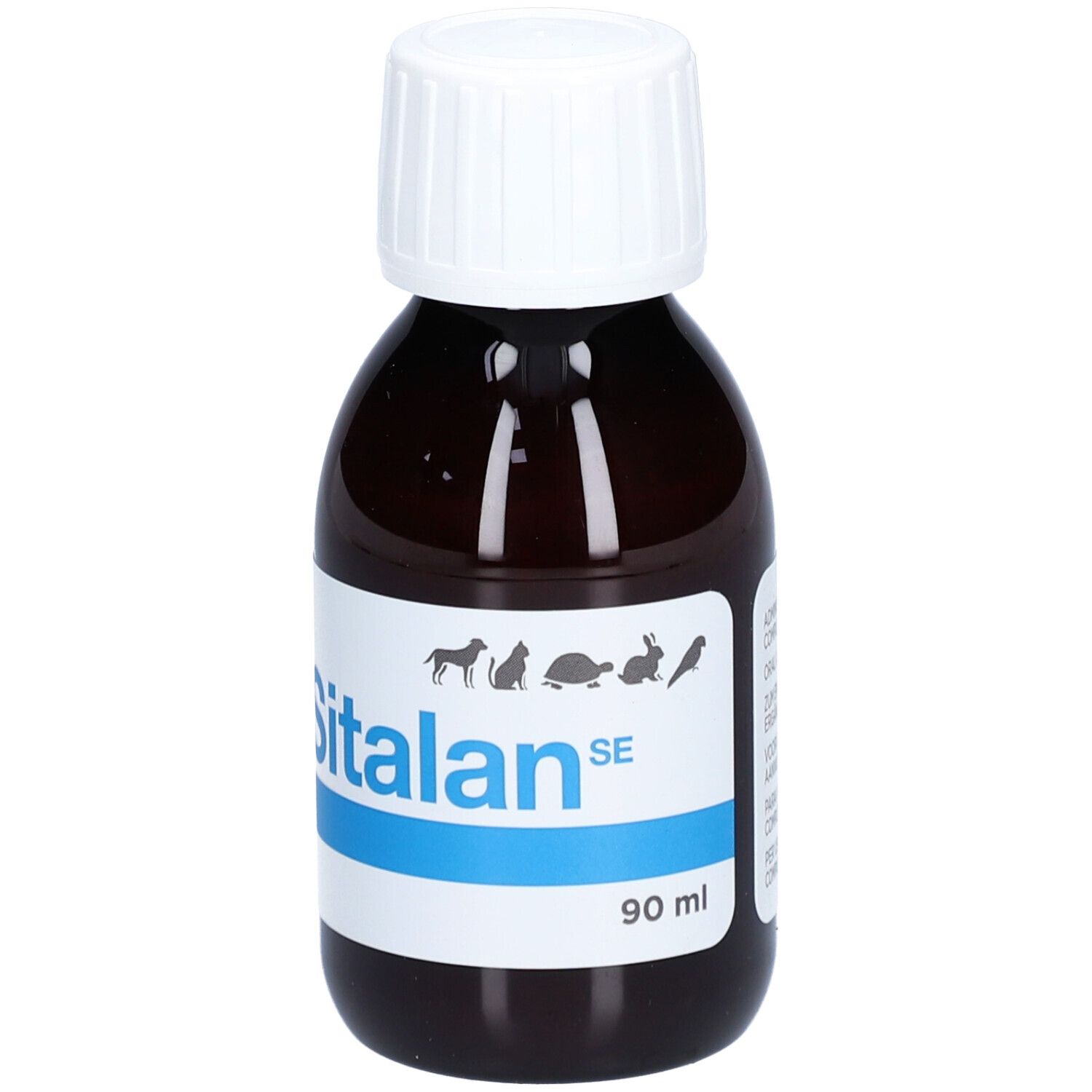 Flacon brun avec bouchon blanc. Étiquette avec nom Sitalan SE et icônes d'animaux. Indication de volume 90 ml.