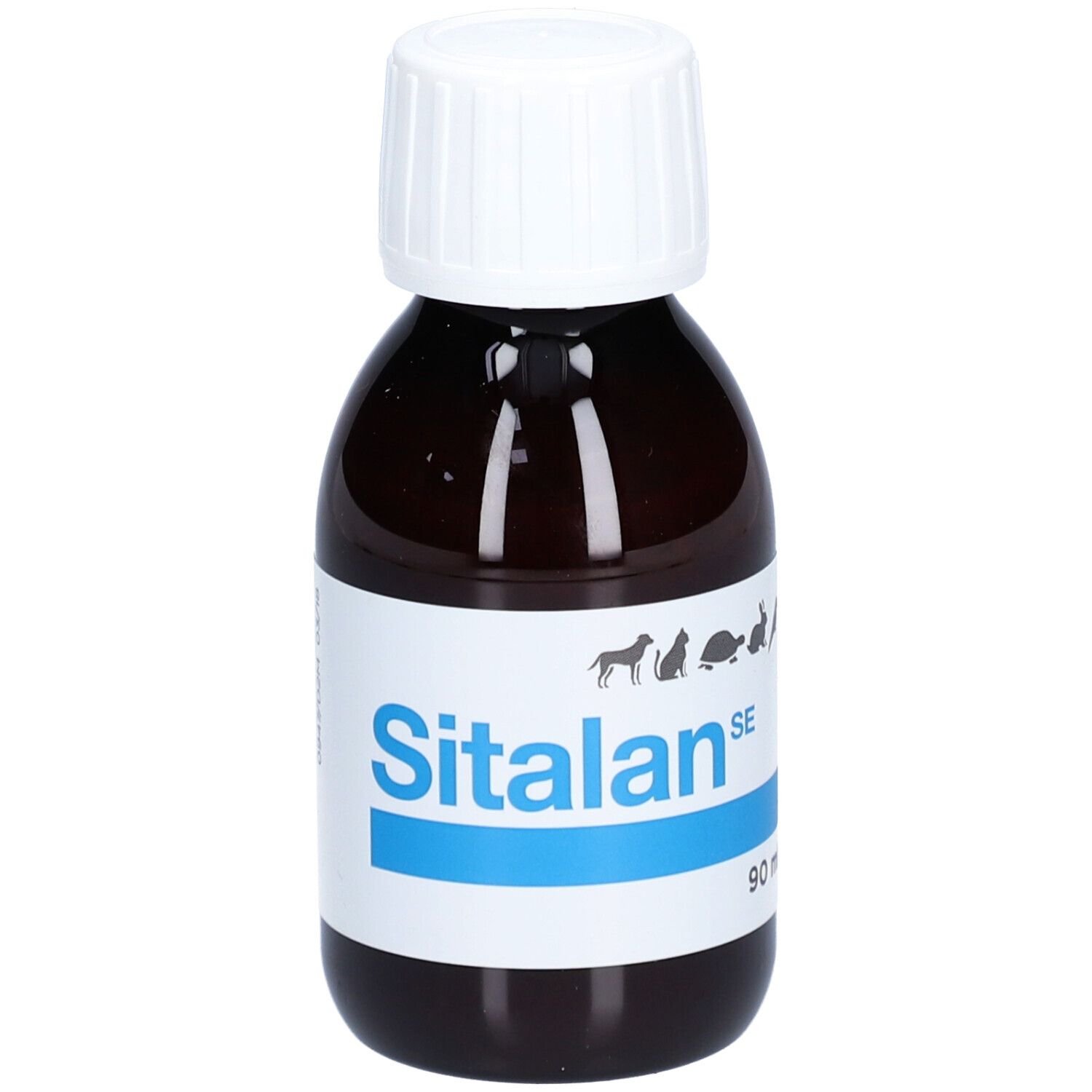 Flacon brun avec bouchon blanc. Étiquette avec nom Sitalan SE et icônes d'animaux. Indication de volume 90 ml.
