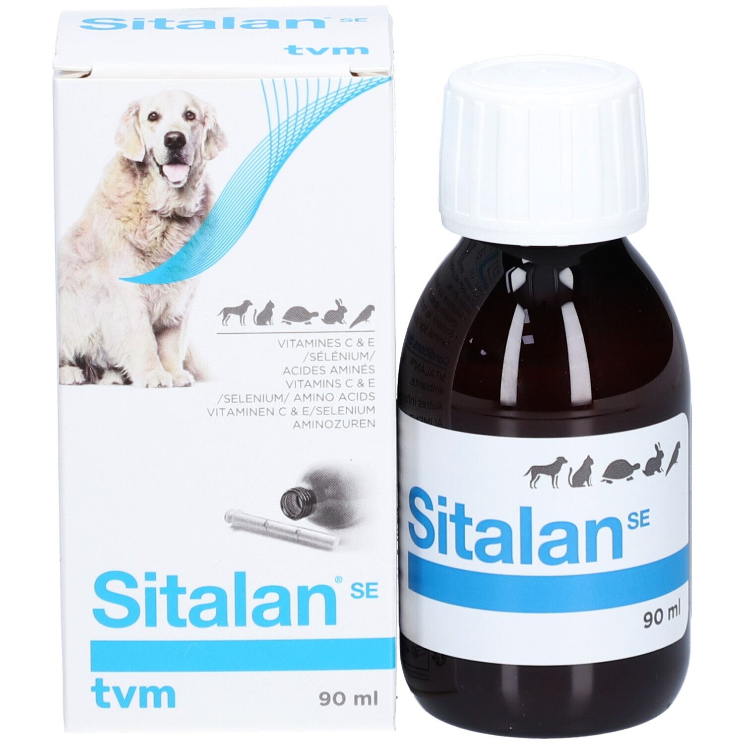 Produit Sitalan SE en flacon et emballage. Emballage avec chien, nom du produit, ingrédients et indication de volume 90 ml.