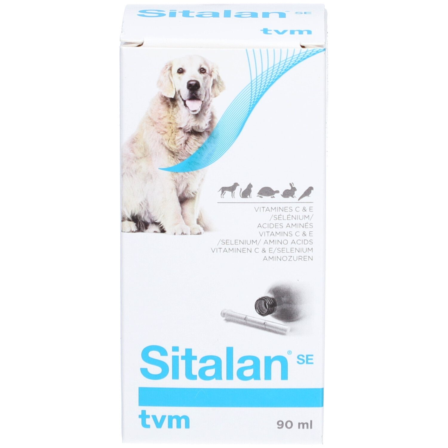 Produit Sitalan SE en emballage. Emballage avec chien, nom du produit, ingrédients et indication de volume 90 ml.