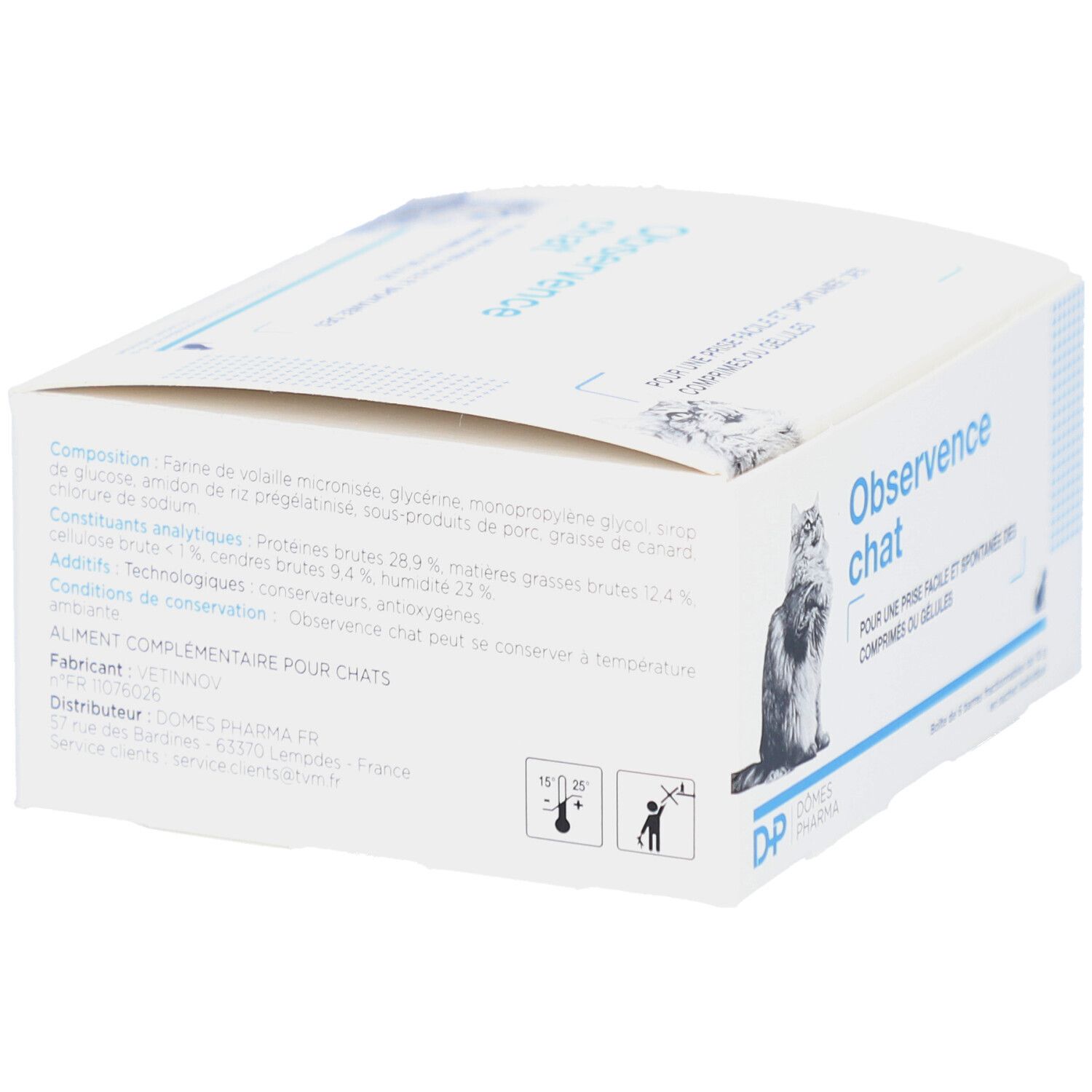 Boîte en carton blanche avec informations produit et ingrédients. Texte en français. Marque : Dômes Pharma.