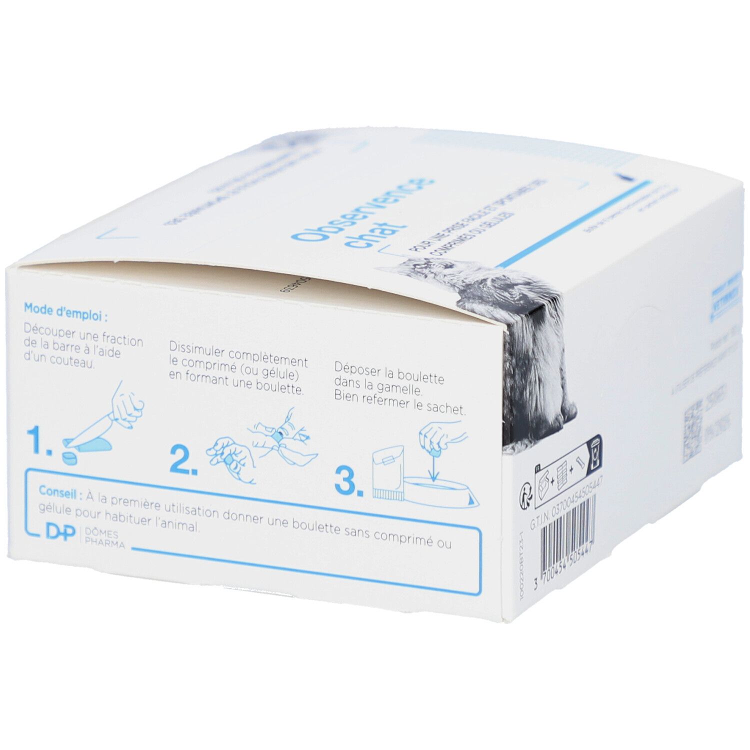 Boîte en carton blanche avec instructions sous forme d'illustrations. Texte en français. Marque : Dômes Pharma.