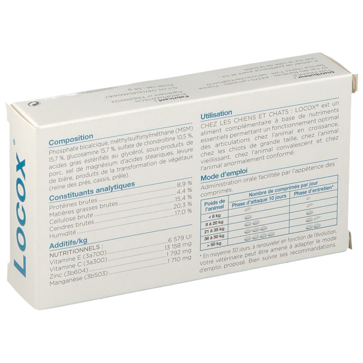 Dos de la boîte LOCOX® TVM. Texte: Composition, constituants analytiques, additifs, nutriments.