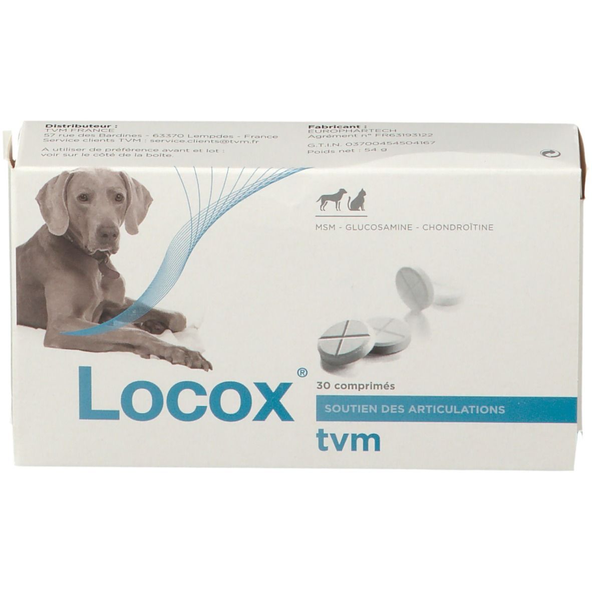 Boîte LOCOX® TVM. Inscription: 30 comprimés, MSM, glucosamine, chondroïtine. Image d'un chien.