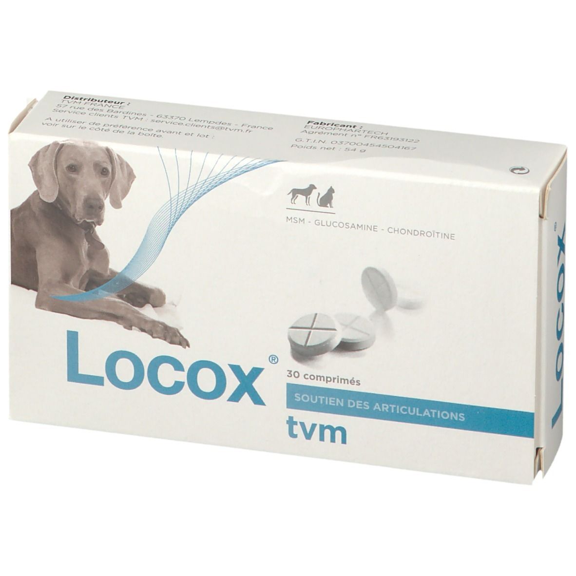 Boîte LOCOX® TVM. Inscription: 30 comprimés, MSM, glucosamine, chondroïtine. Image d'un chien.