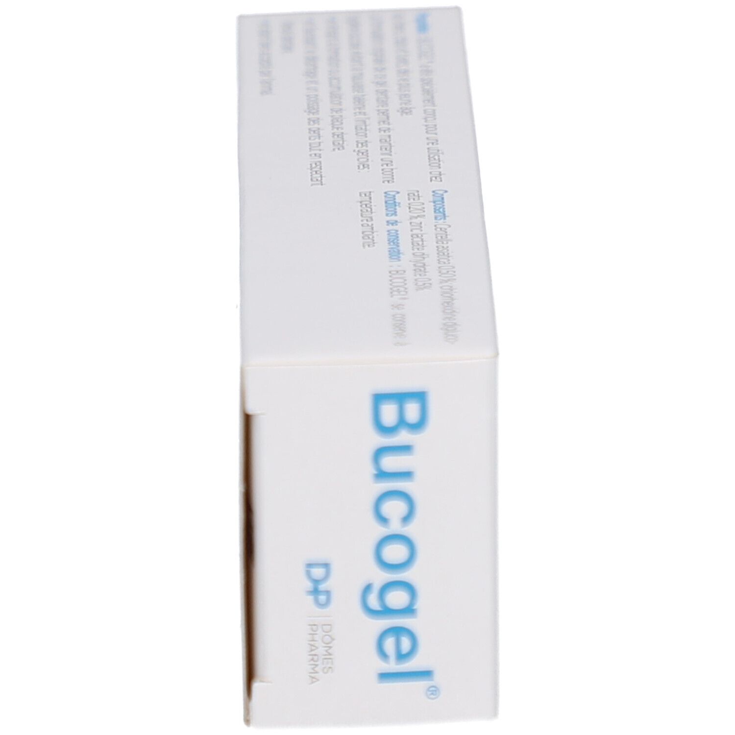 Vue latérale de l'emballage blanc avec le nom du produit Bucogel. Pour chiens.
