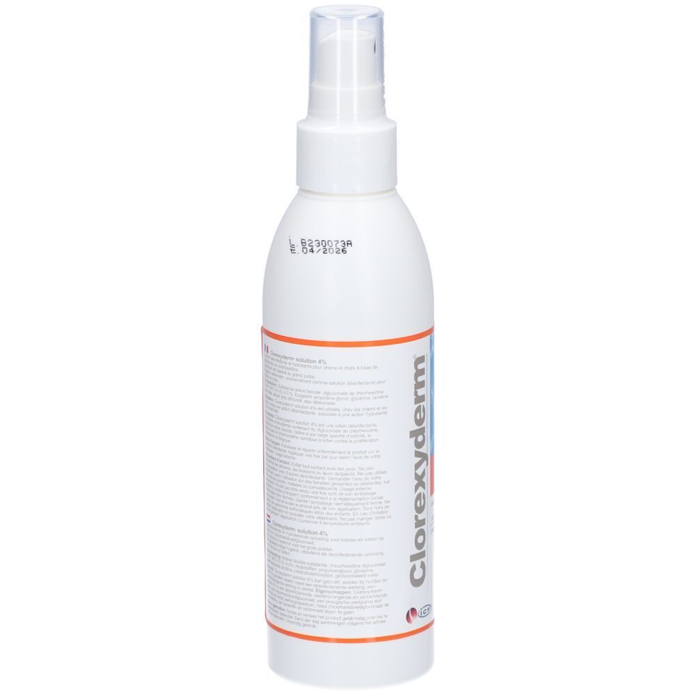 Witte sprayfles met productnaam. Achterkant met tekst en batchnummer. Oranje streep.