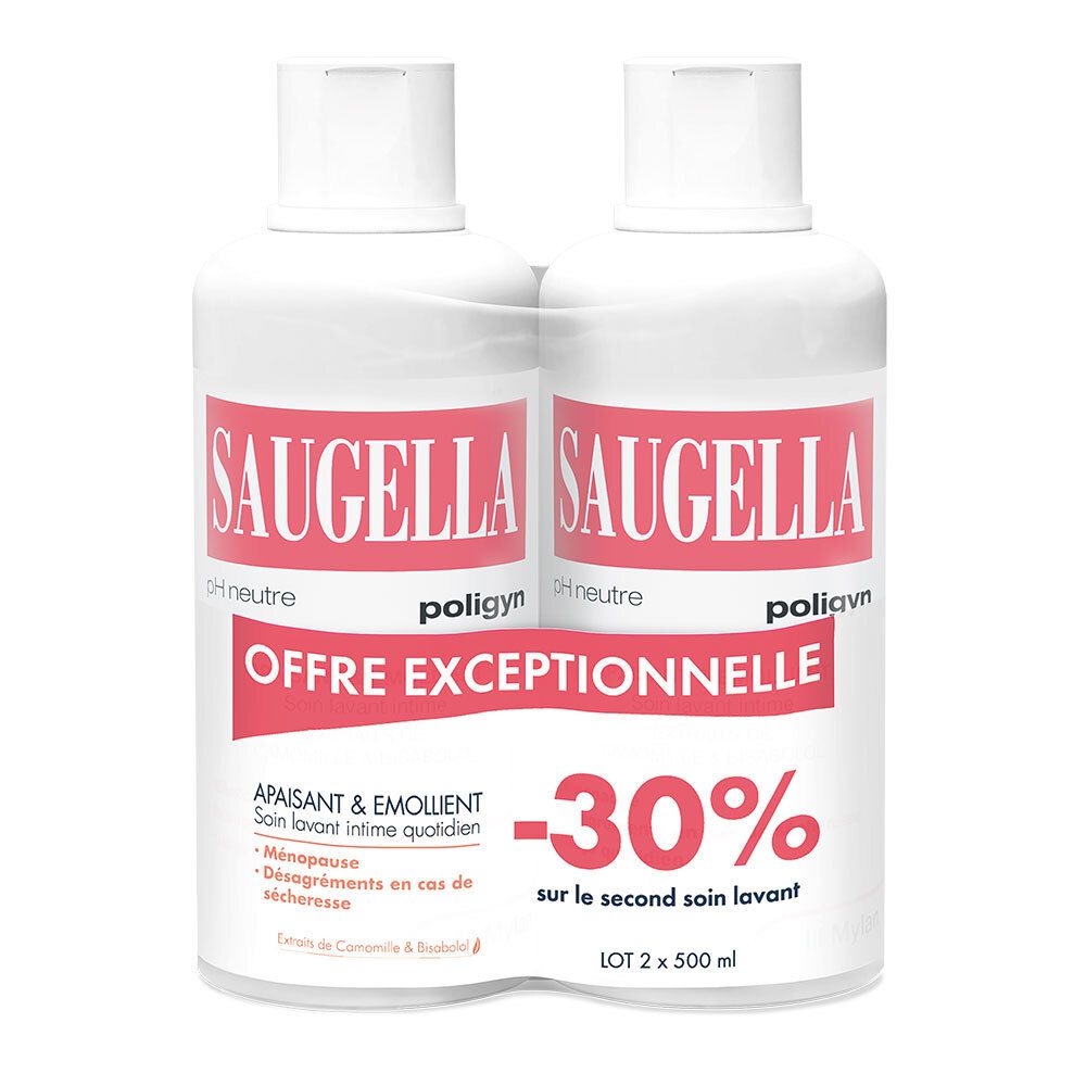 Saugella - Poligyn - Apaisant & Emollient Soin lavant intime - Femmes pendant et après la ménopause - Flacons Lot 2x500 ml
