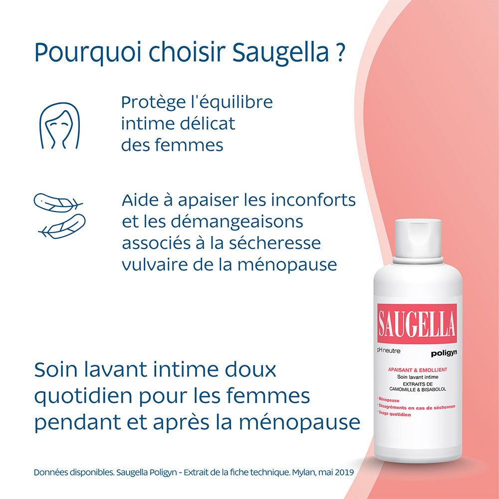 Saugella - Poligyn - Apaisant & Emollient Soin lavant intime - Femmes pendant et après la ménopause - Flacons Lot 2x500 ml