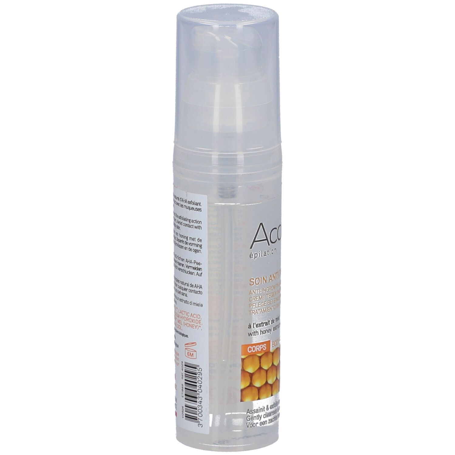 Acorelle Bio-verzorging tegen ingegroeide haren, achterkant van de 50ml fles met pompje.