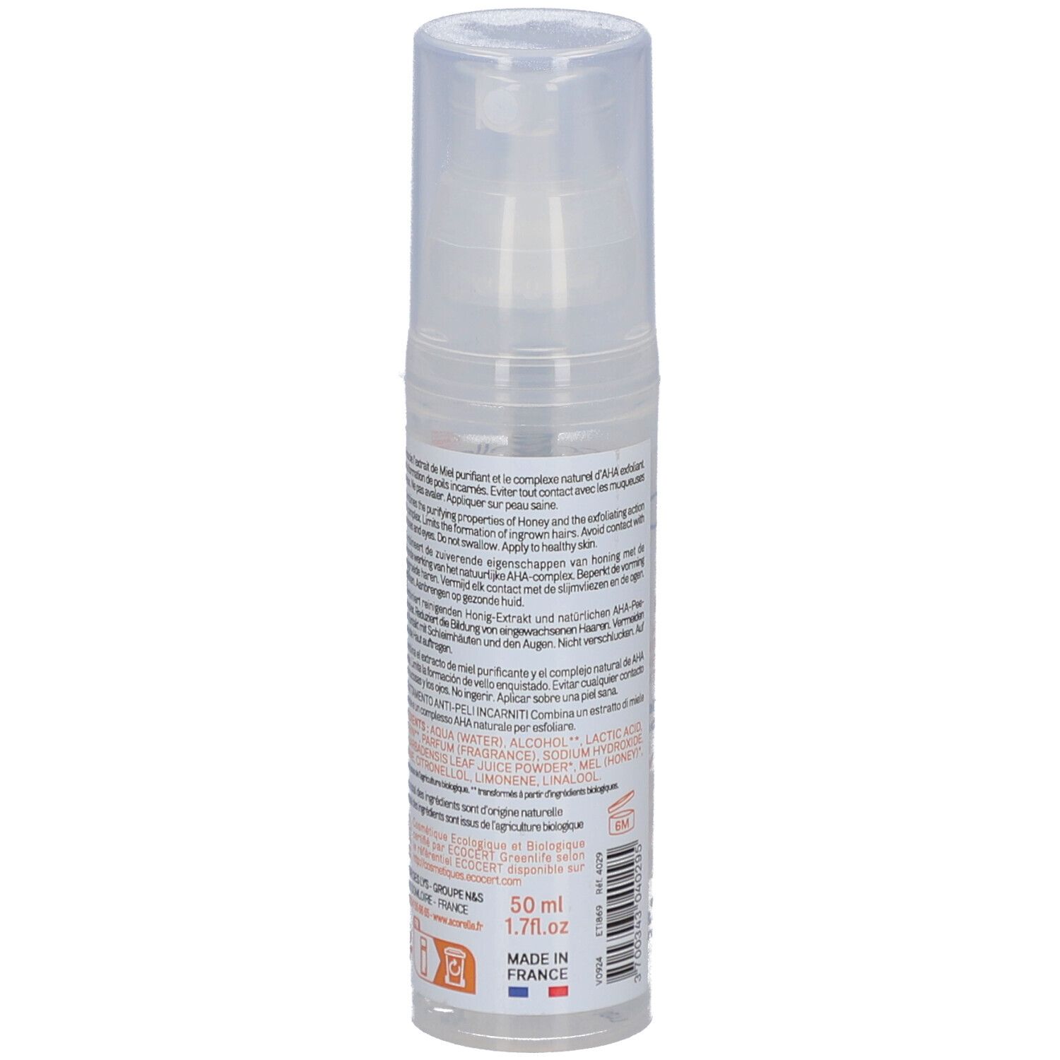 Dos du flacon transparent. Texte multilingue. Inscription: 50 ml, 1.7fl.oz. Fabriqué en France.