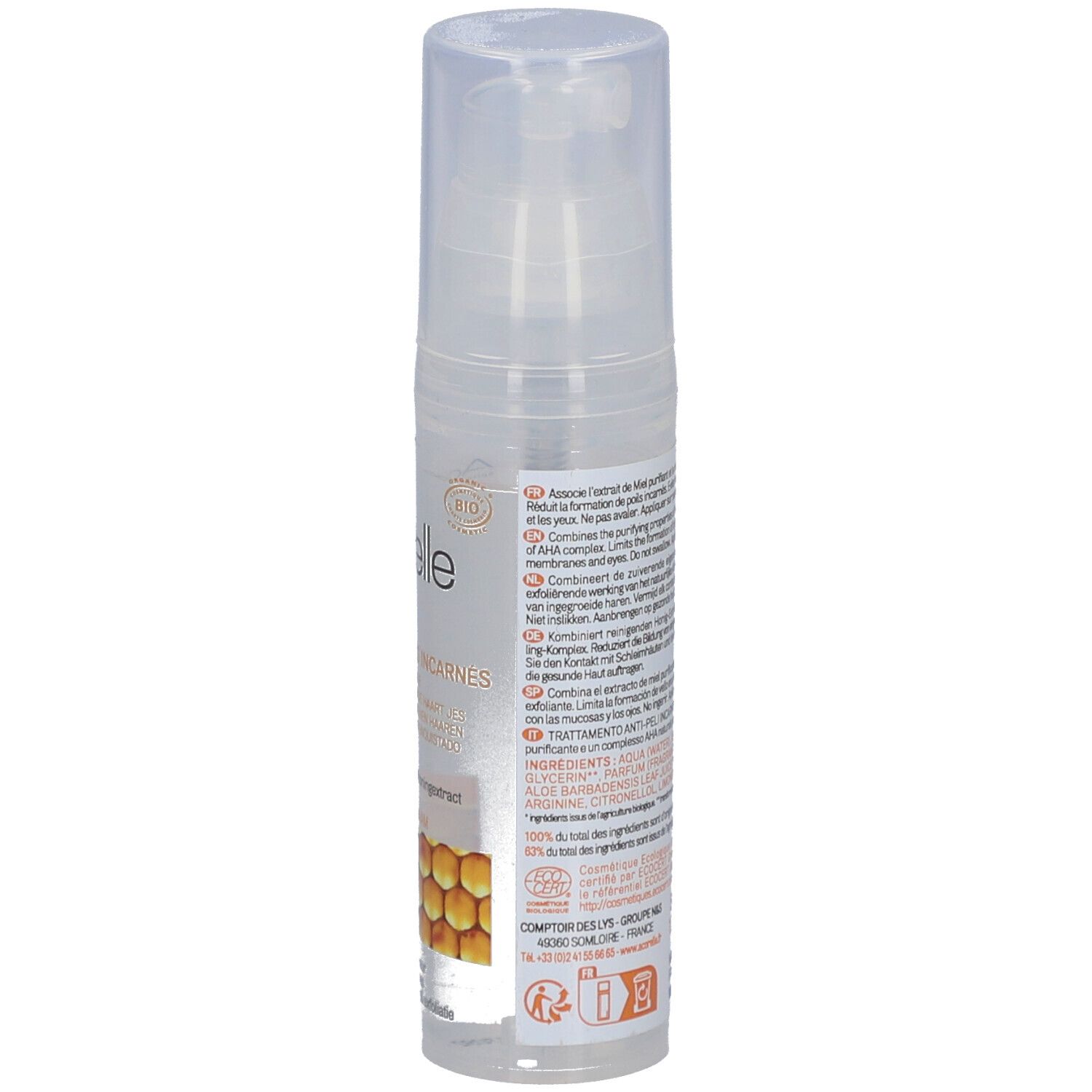 Acorelle Bio-verzorging tegen ingegroeide haren, achterkant van de 50ml fles met ingrediënten.