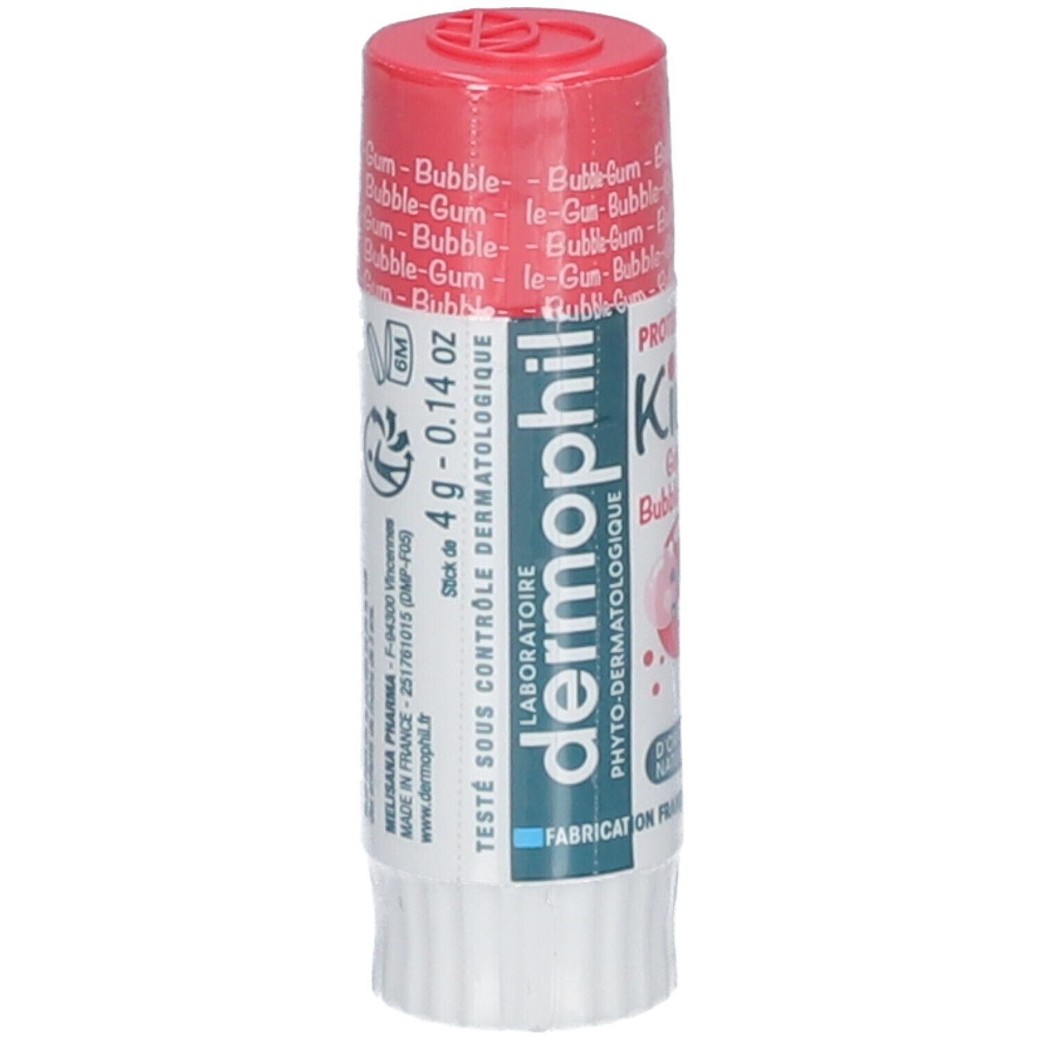 Lipverzorgingsstick met Bubble-Gum smaak. Rode dop. Merk: dermophil Kids.