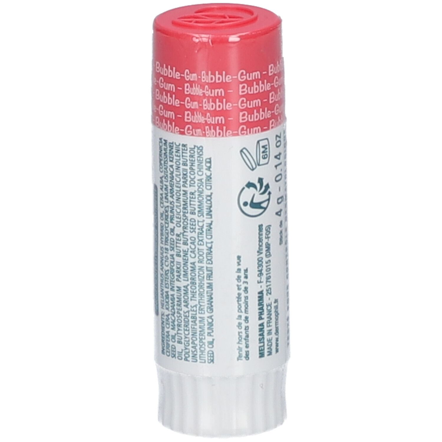 Lipverzorgingsstick met Bubble-Gum smaak. Rode dop. Merk: dermophil Kids.