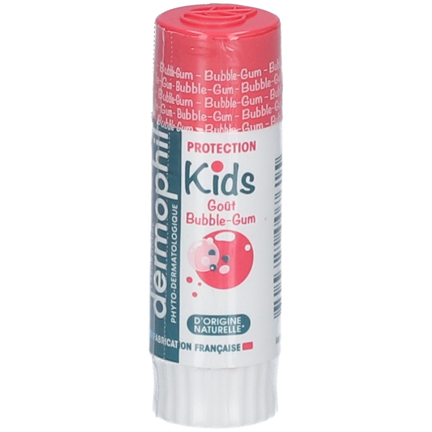 Lipverzorgingsstick met Bubble-Gum smaak. Rode dop. Merk: dermophil Kids.