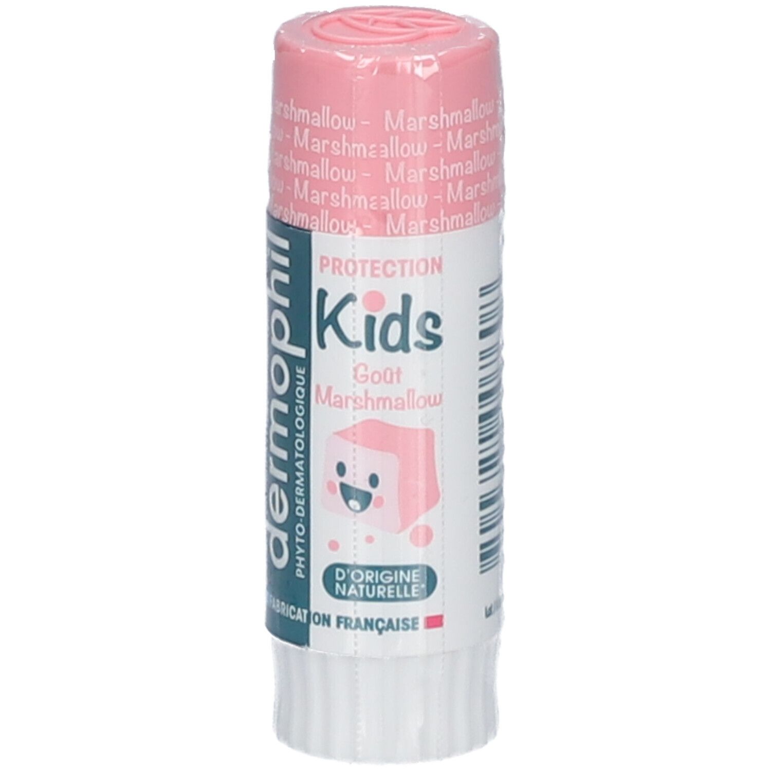 Roze lippenbalsem. Opschrift: dermophil Kids, smaak Marshmallow. Verpakt in folie.