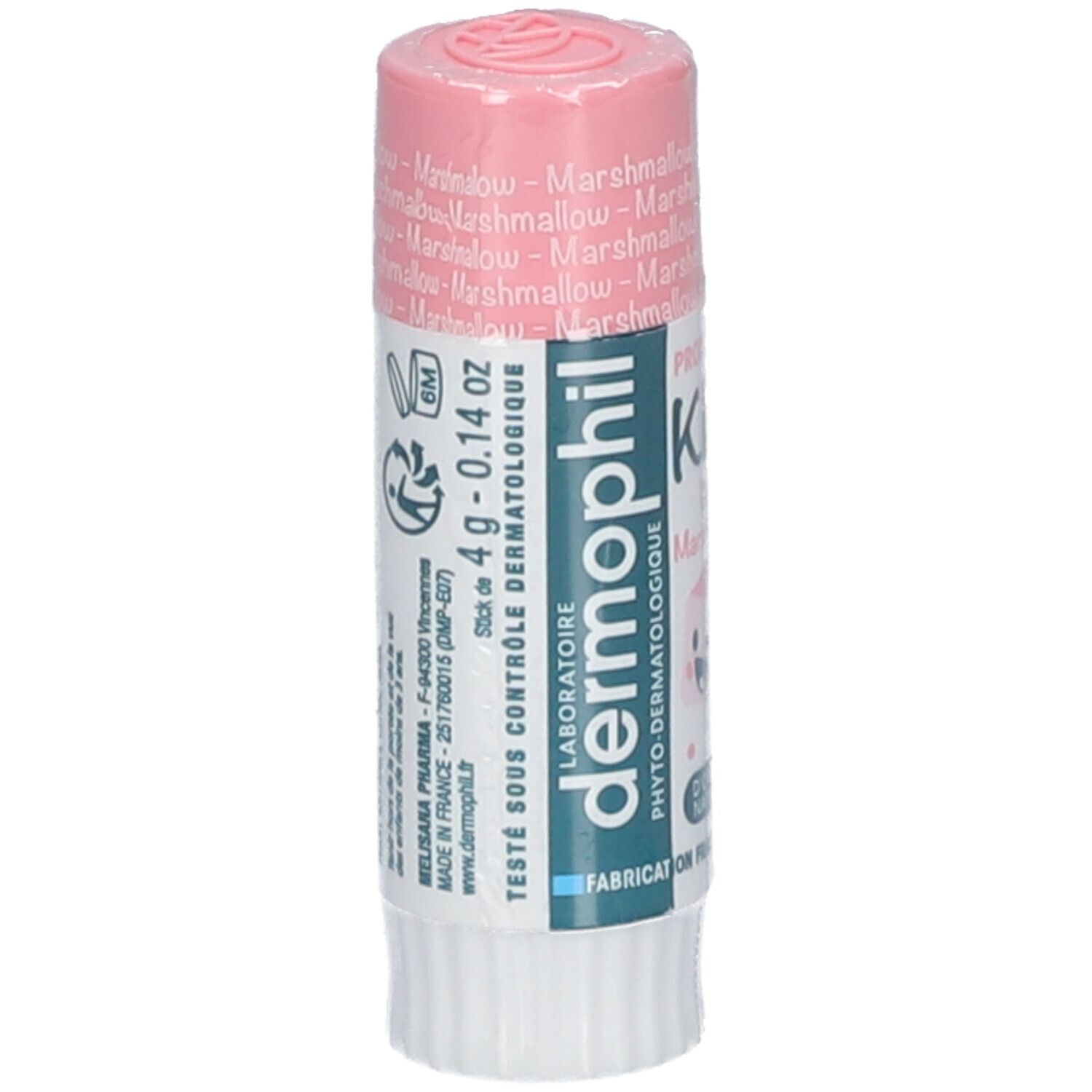 Roze lippenbalsem. Opschrift: dermophil Kids, smaak Marshmallow. Verpakt in folie.