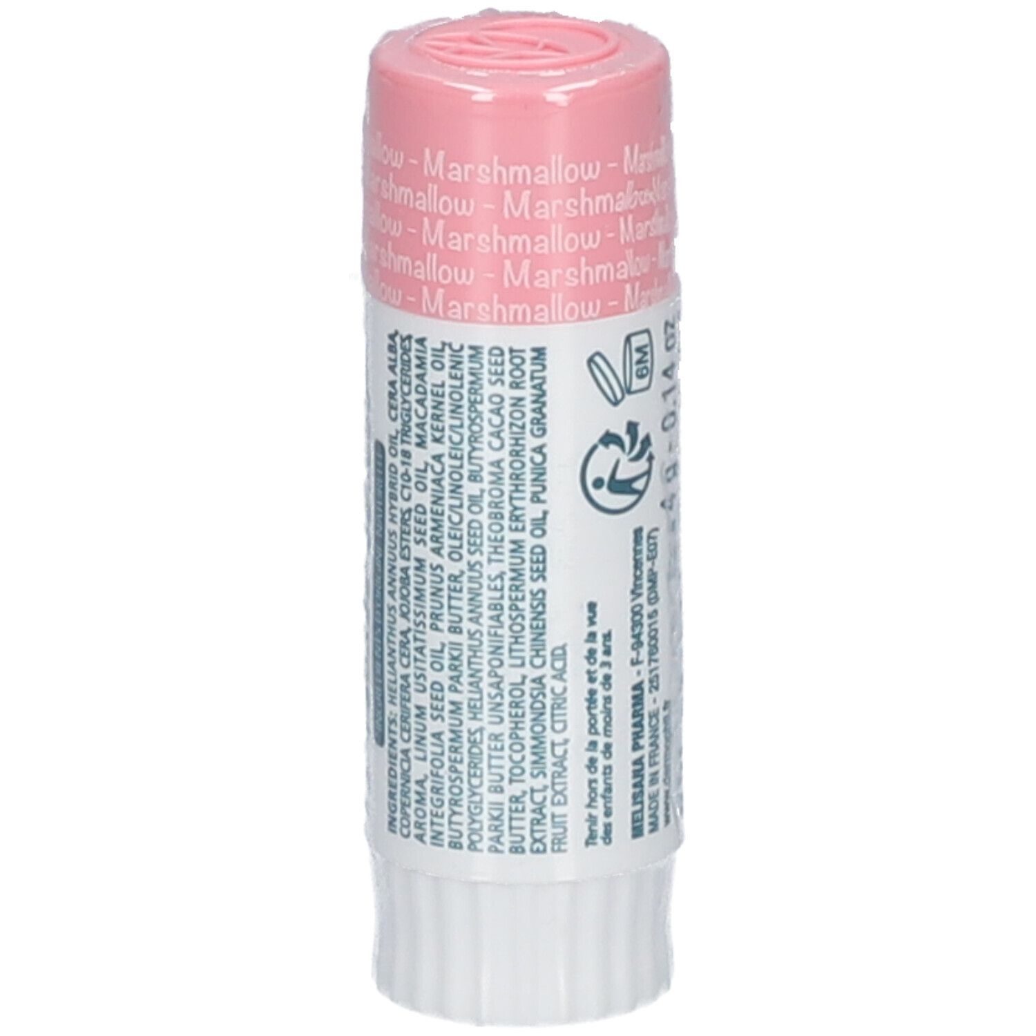 Roze lippenbalsem. Opschrift: dermophil Kids, smaak Marshmallow. Verpakt in folie.