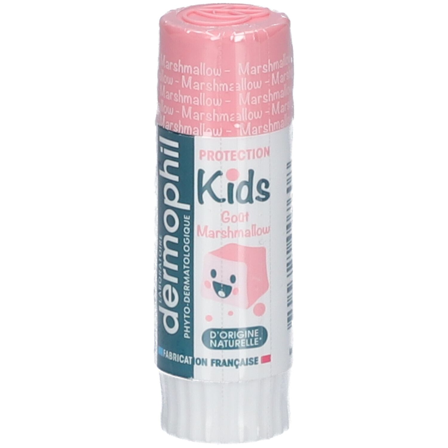 Roze lippenbalsem. Opschrift: dermophil Kids, smaak Marshmallow. Verpakt in folie.