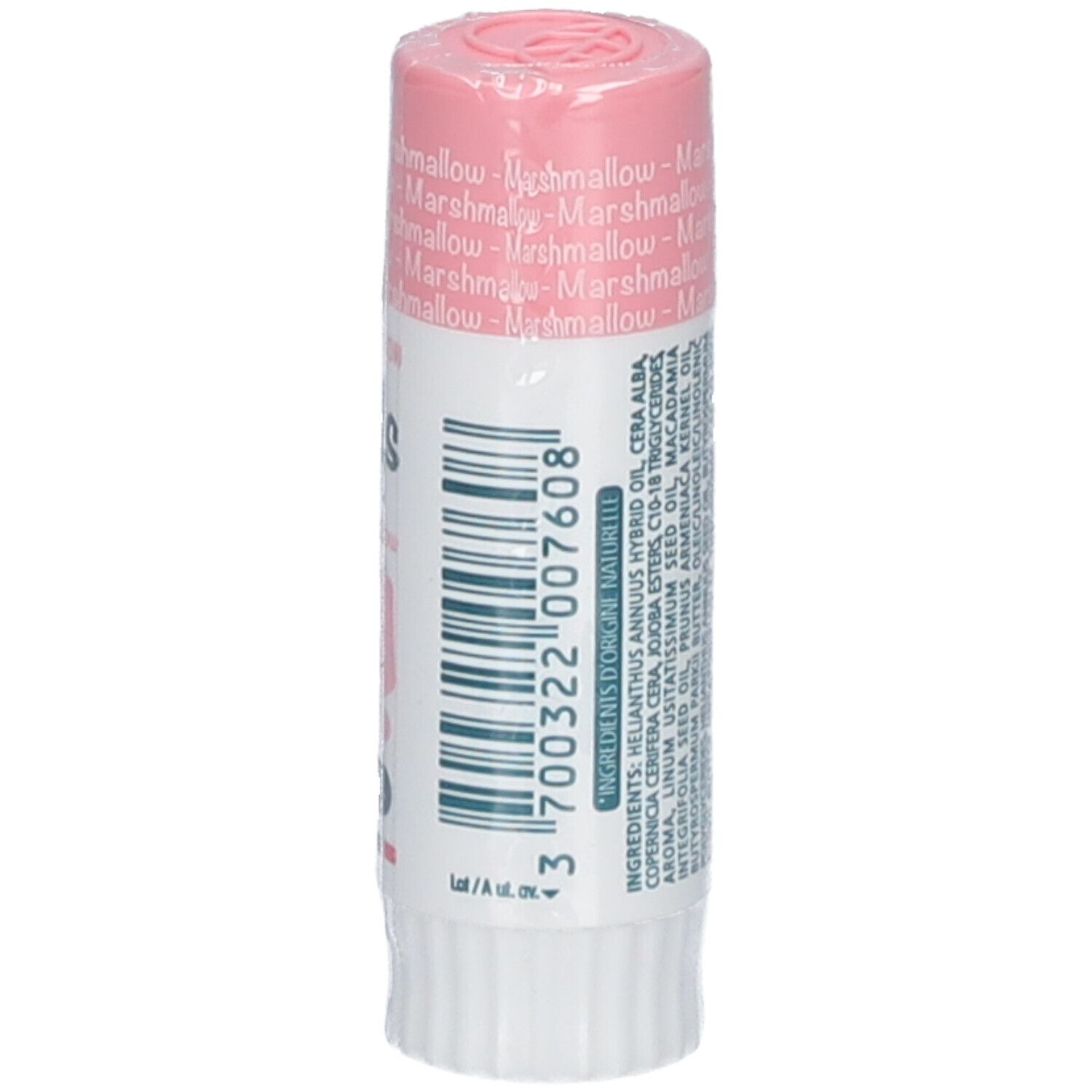 Roze lippenbalsem. Opschrift: dermophil Kids, smaak Marshmallow. Verpakt in folie.