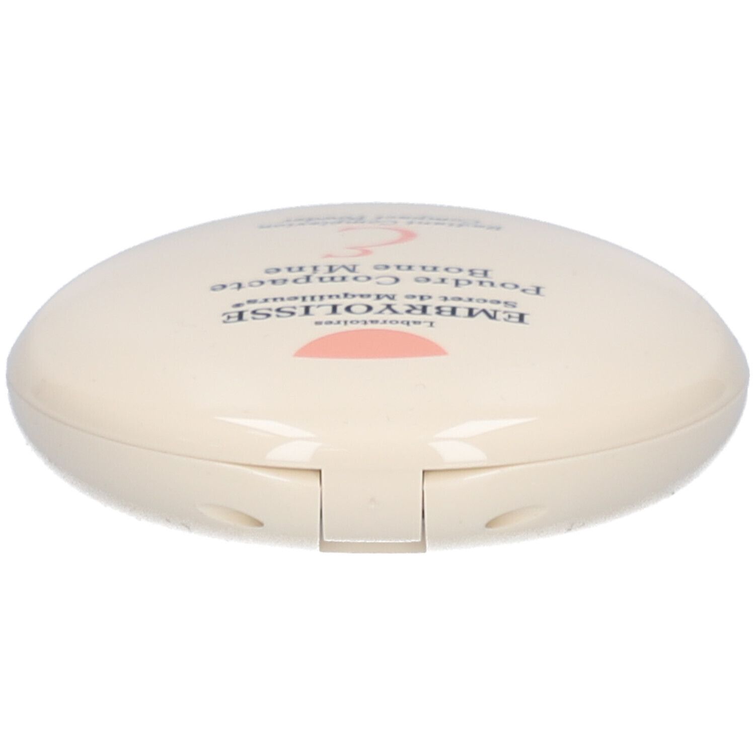 Ovale compactpoederdoos, crème. Opschrift: EMBRYOLISSE, Poudre Compacte Bonne Mine. Roze logo.