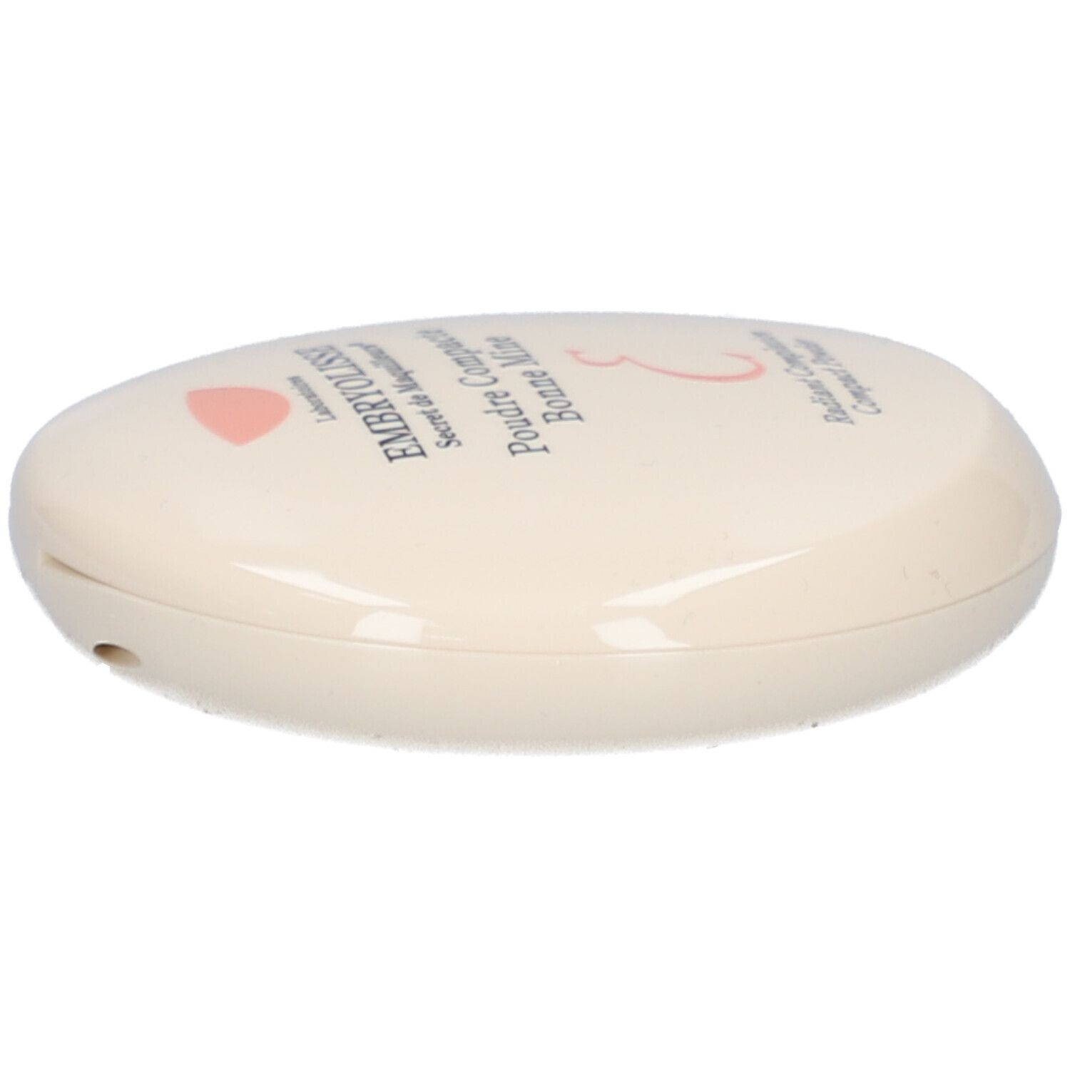 Ovale compactpoederdoos, crème. Opschrift: EMBRYOLISSE, Poudre Compacte Bonne Mine. Roze logo.