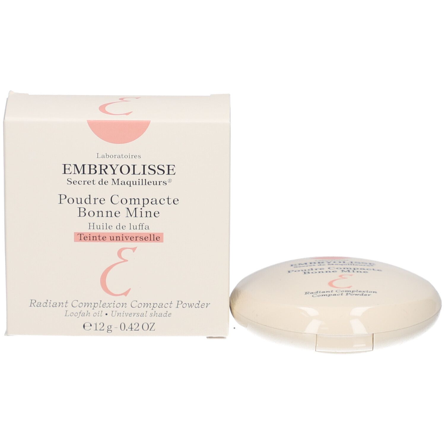 Compactpoeder en verpakking. Verpakking: wit, rechthoekig. Opschrift: EMBRYOLISSE, Poudre Compacte Bonne Mine.
