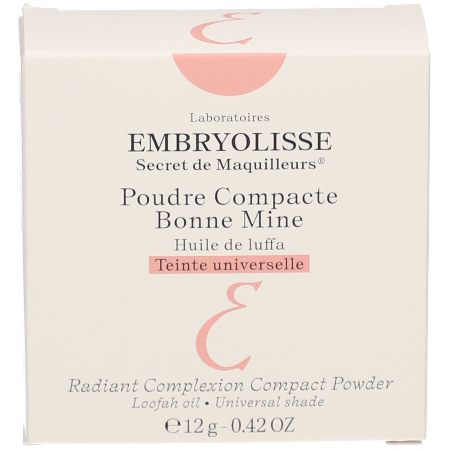 Verpakking, wit, rechthoekig. Opschrift: EMBRYOLISSE, Poudre Compacte Bonne Mine, Teinte universelle. Roze logo.
