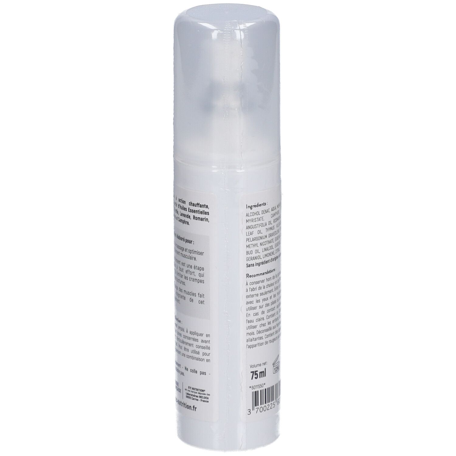 Spray blanc avec bouchon. Inscription STC Nutrition, Spray Chauffant Tonifiant. Logo vegan.