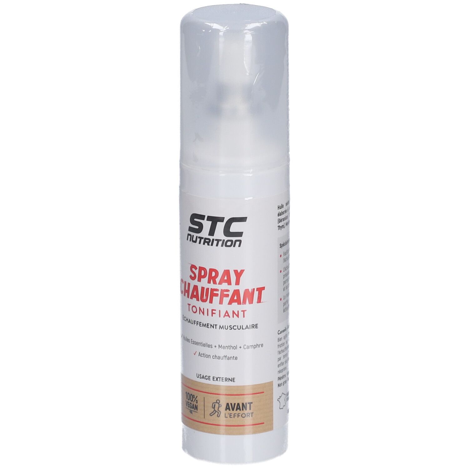 Spray blanc avec bouchon. Inscription STC Nutrition, Spray Chauffant Tonifiant. Logo vegan.