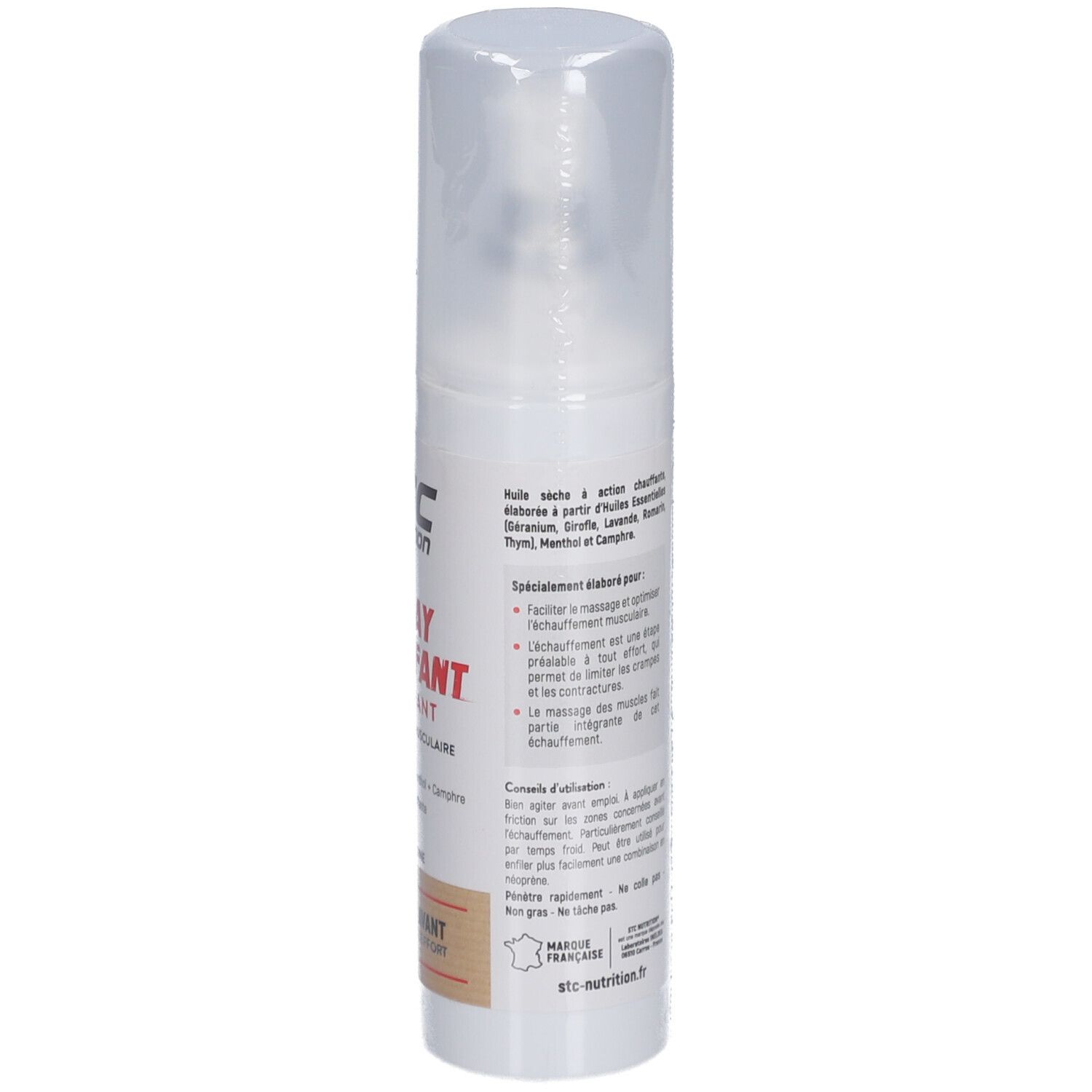 Spray blanc avec bouchon. Inscription STC Nutrition, Spray Chauffant Tonifiant. Logo vegan.
