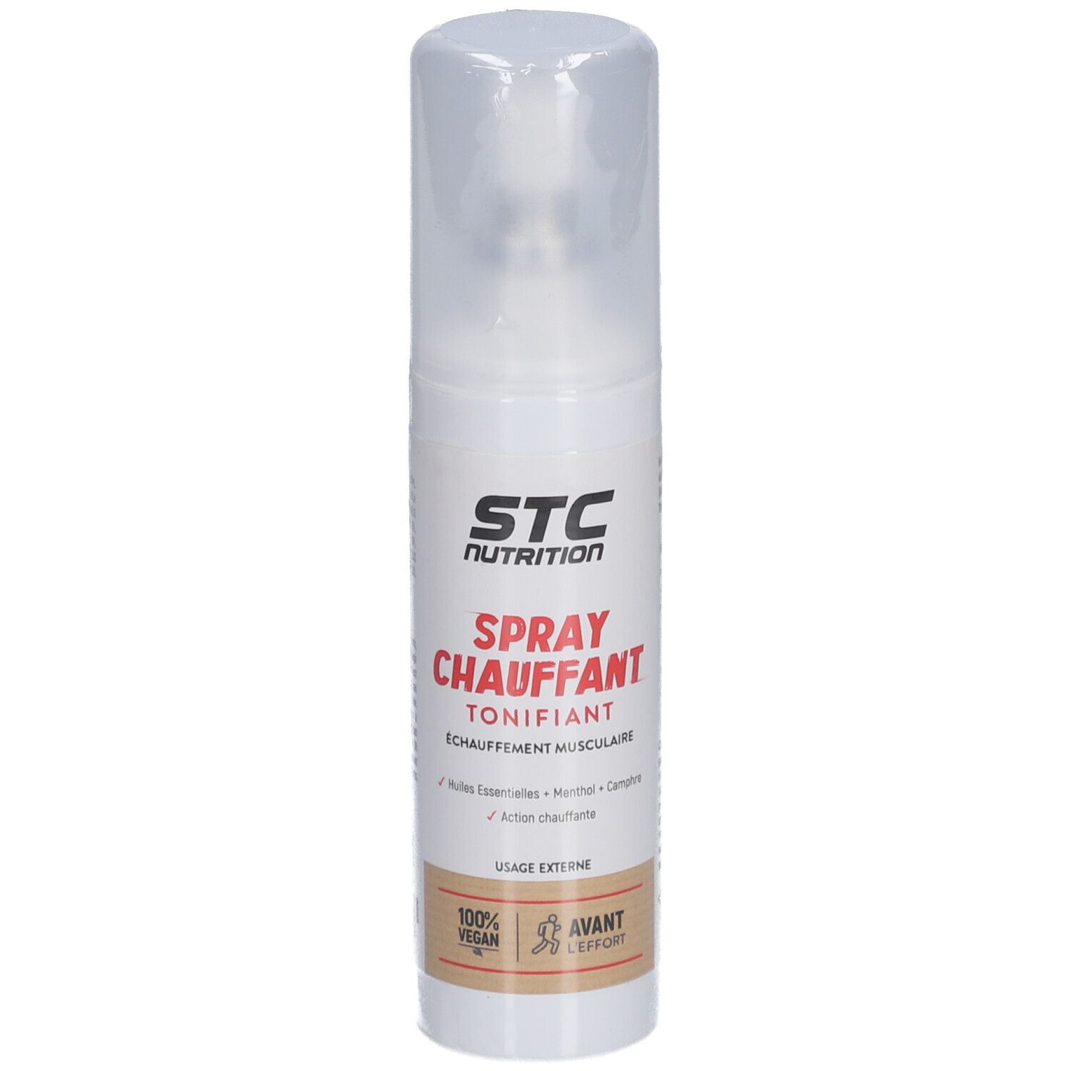 Spray blanc avec bouchon. Inscription STC Nutrition, Spray Chauffant Tonifiant. Logo vegan.