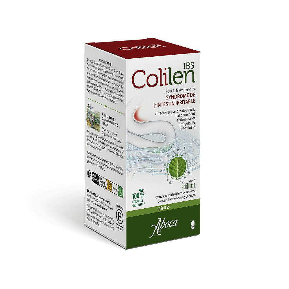 Colilen IBS-doos. Rode en witte verpakking met productnaam en informatie. Groen-wit logo. Aboca-logo.