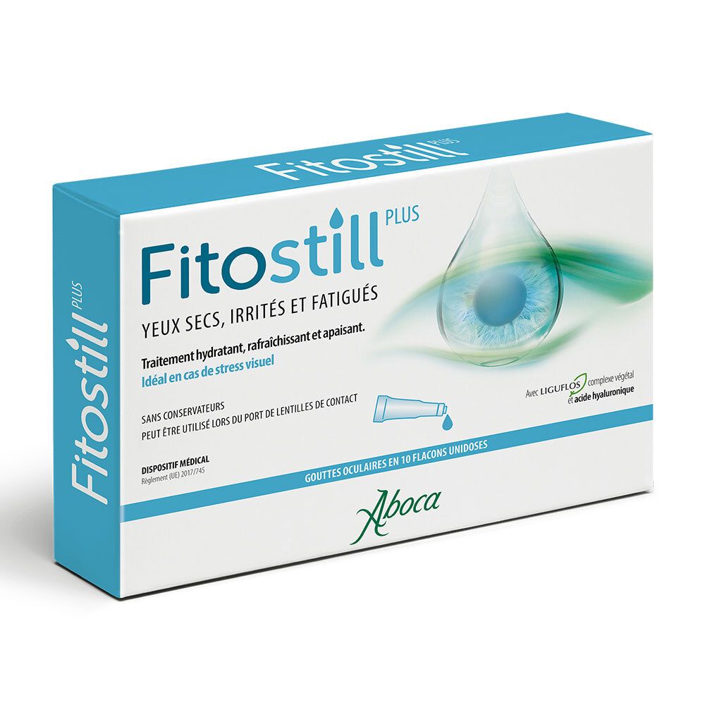 Boîte de gouttes oculaires Fitostill Plus. Emballage bleu et blanc avec nom du produit, goutte et représentation de l'œil.