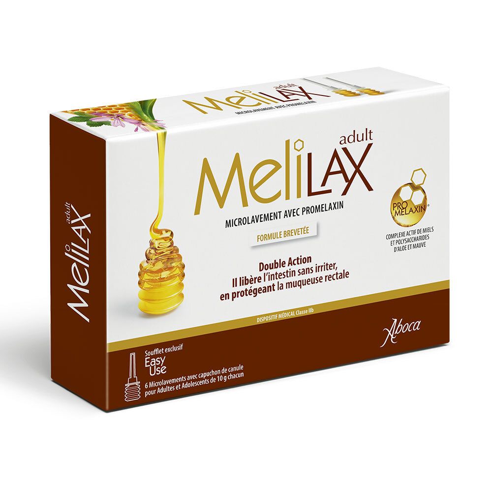 Doos met productnaam en logo. Bruine en witte verpakking met afbeelding van honing. Tekst: Melilax Adult.