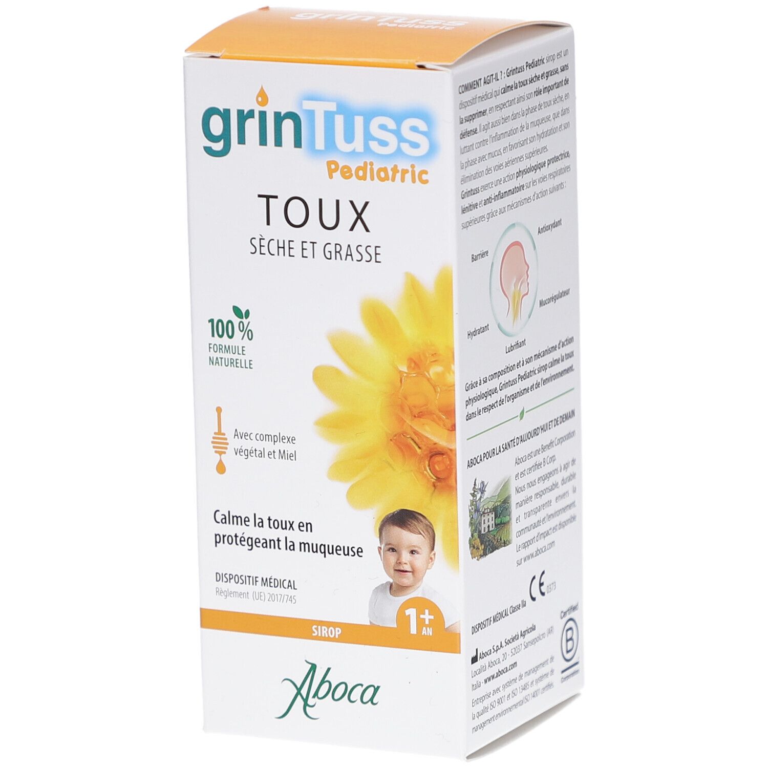 Boîte de produit. Texte: grinTuss Pediatric, Toux, Séche et Grasse. Logo Aboca. 1+.