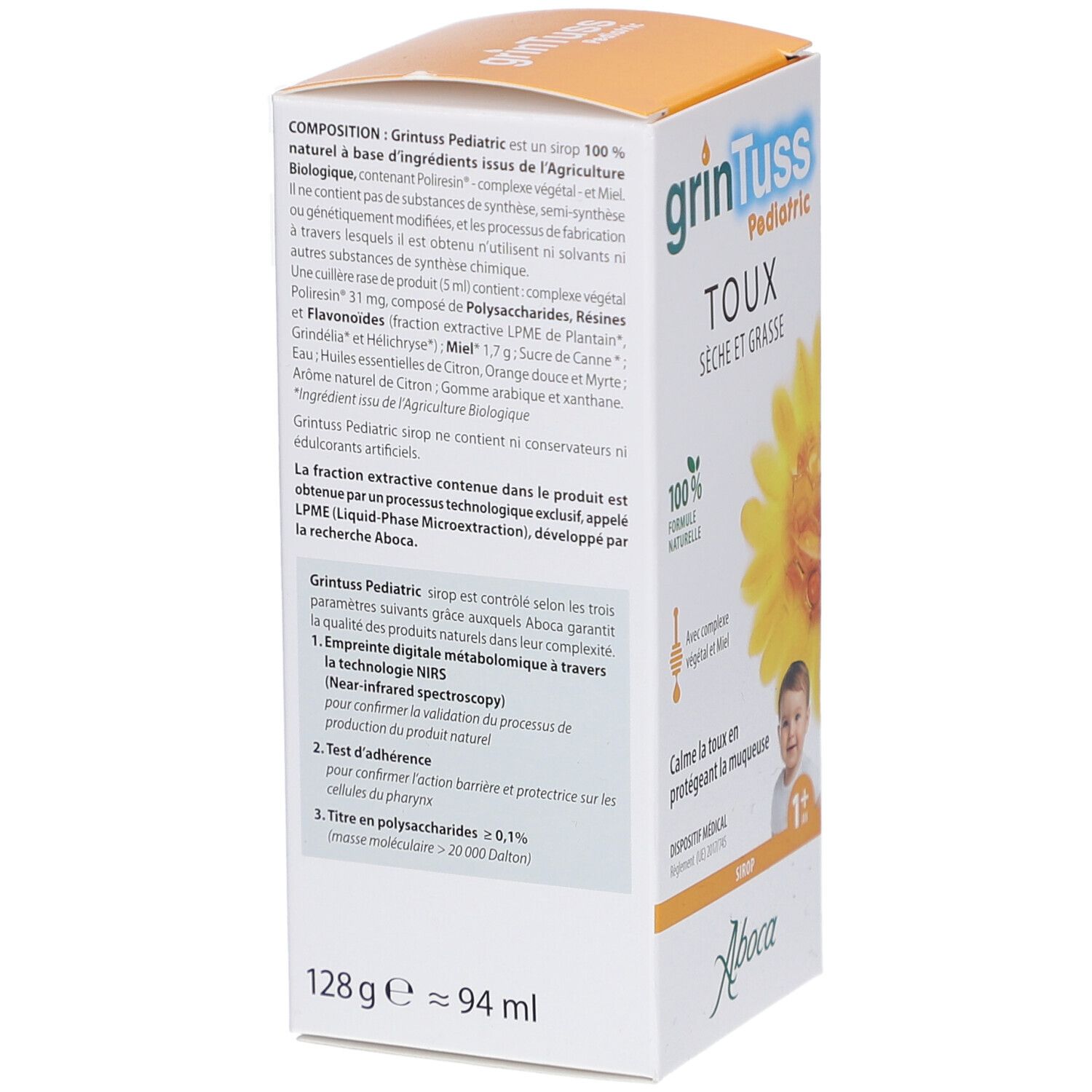 Emballage du produit avec texte. Texte: grinTuss Pediatric, Toux, Séche et Grasse. Formule naturelle 100%. 128g ≈ 94 ml.