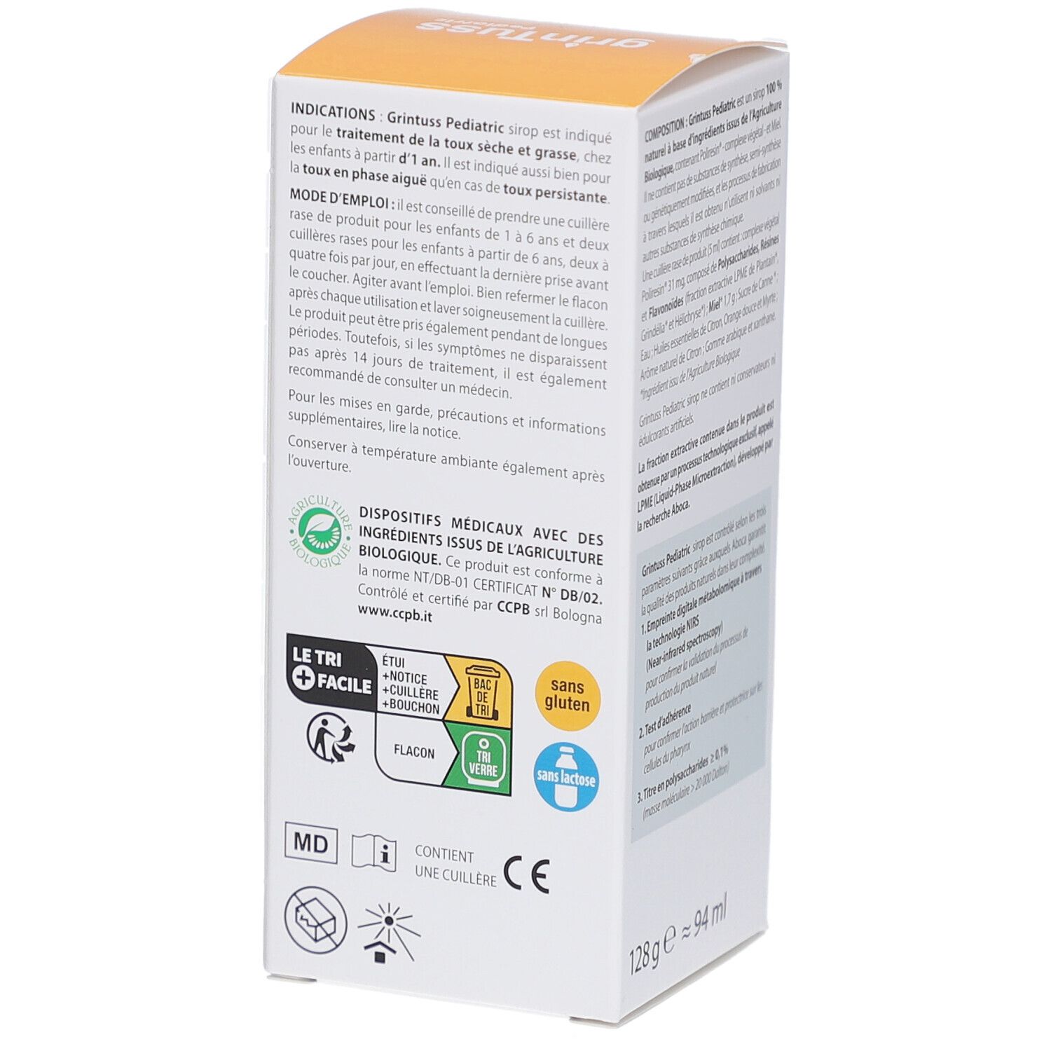 Emballage du produit avec texte. Texte: grinTuss Pediatric, Toux, Séche et Grasse. Dispositif médical. Sans gluten. 128g ≈ 94 ml.
