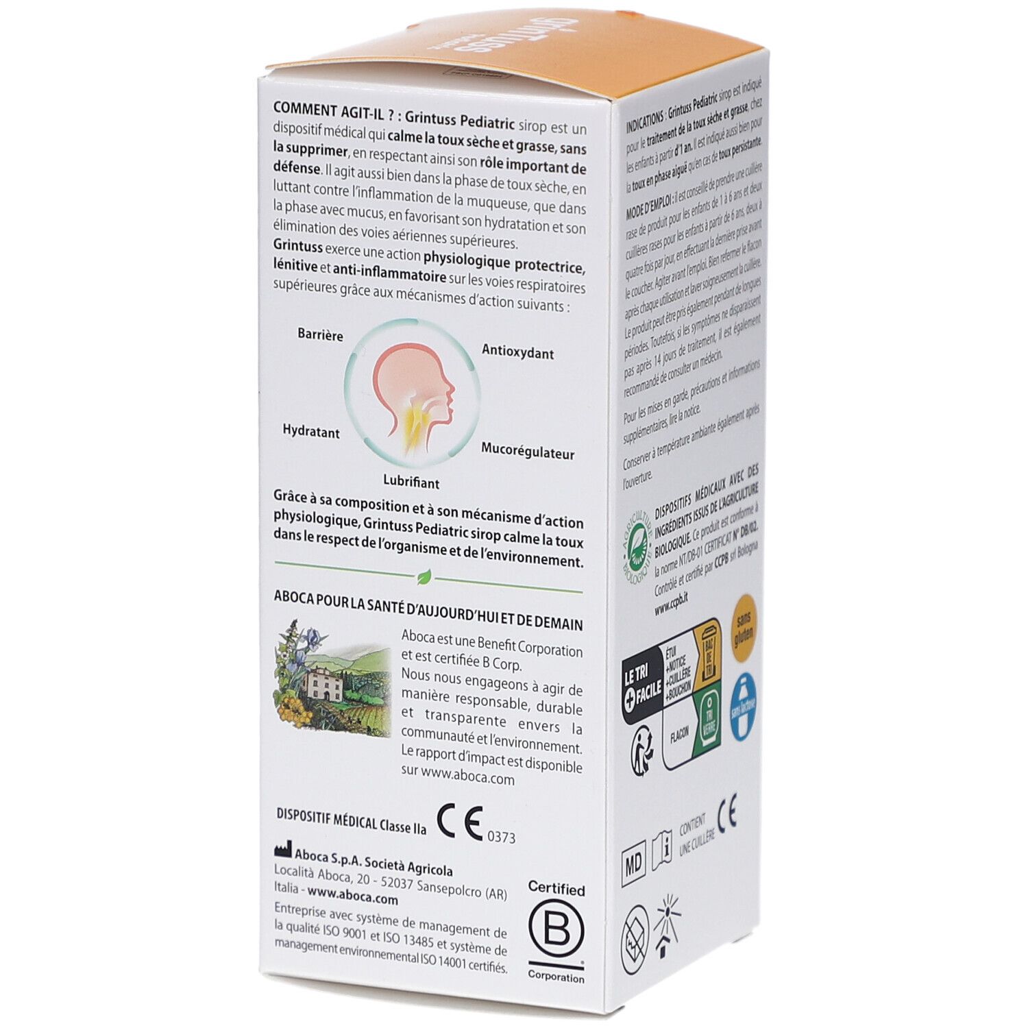 Emballage du produit avec texte. Texte: grinTuss Pediatric, Toux, Séche et Grasse. Dispositif médical. Logo Aboca. Certifié.