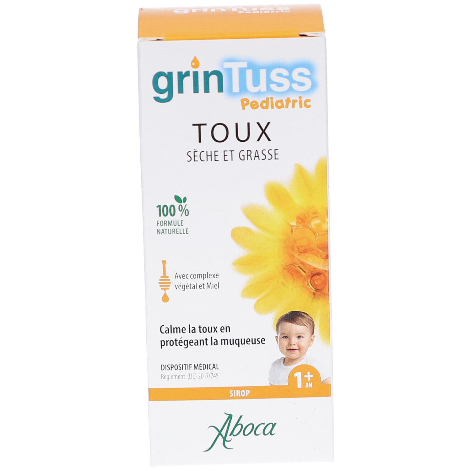 Emballage du produit avec texte. Texte: grinTuss Pediatric, Toux, Séche et Grasse. Logo Aboca. 1+.