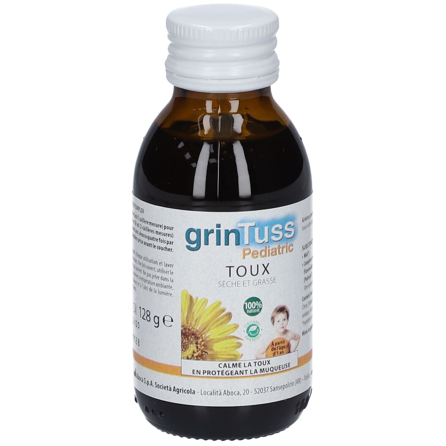 Emballage du produit avec texte. Texte: grinTuss Pediatric, Toux, Séche et Grasse. Logo Aboca. 1+.