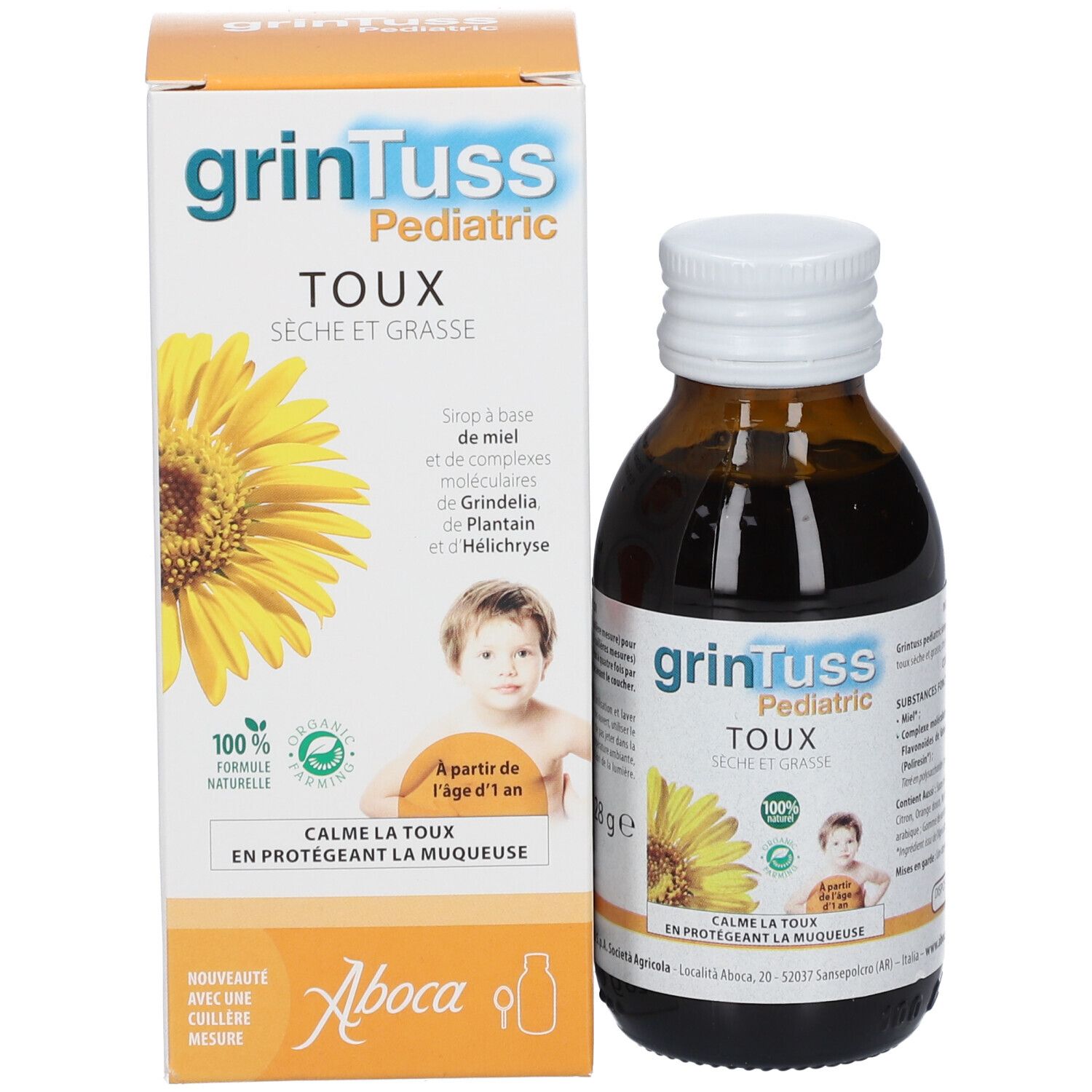 Produit et emballage. Bouteille et carton. Texte: grinTuss Pediatric, Toux, Séche et Grasse. Logo Aboca. 1+.