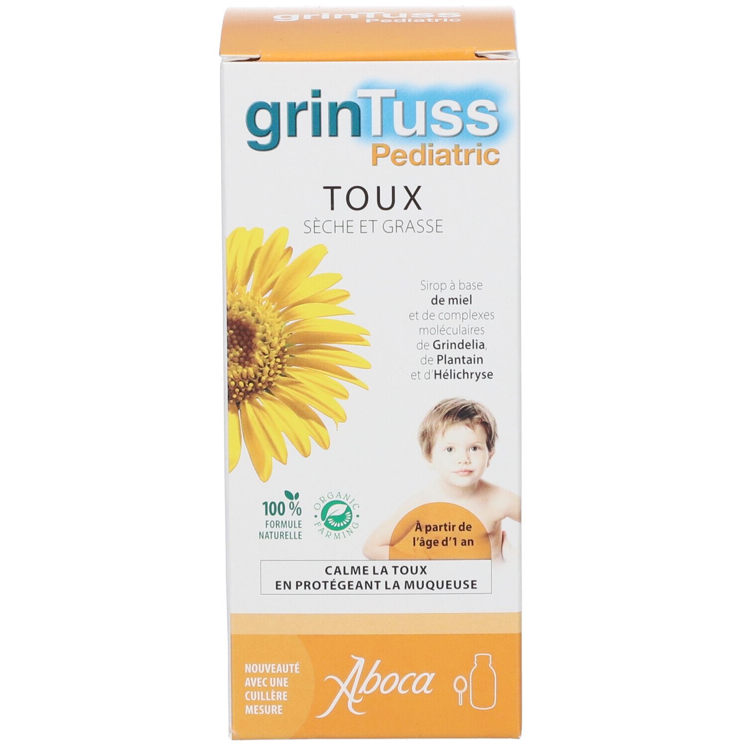 Emballage du produit avec texte. Texte: grinTuss Pediatric, Toux, Séche et Grasse. Logo Aboca. 1+.