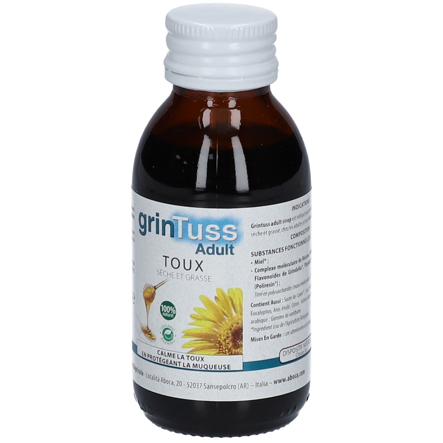 Flacon en verre brun avec bouchon blanc. Étiquette avec nom du produit et informations. Fleur jaune et nid d'abeille illustrés.