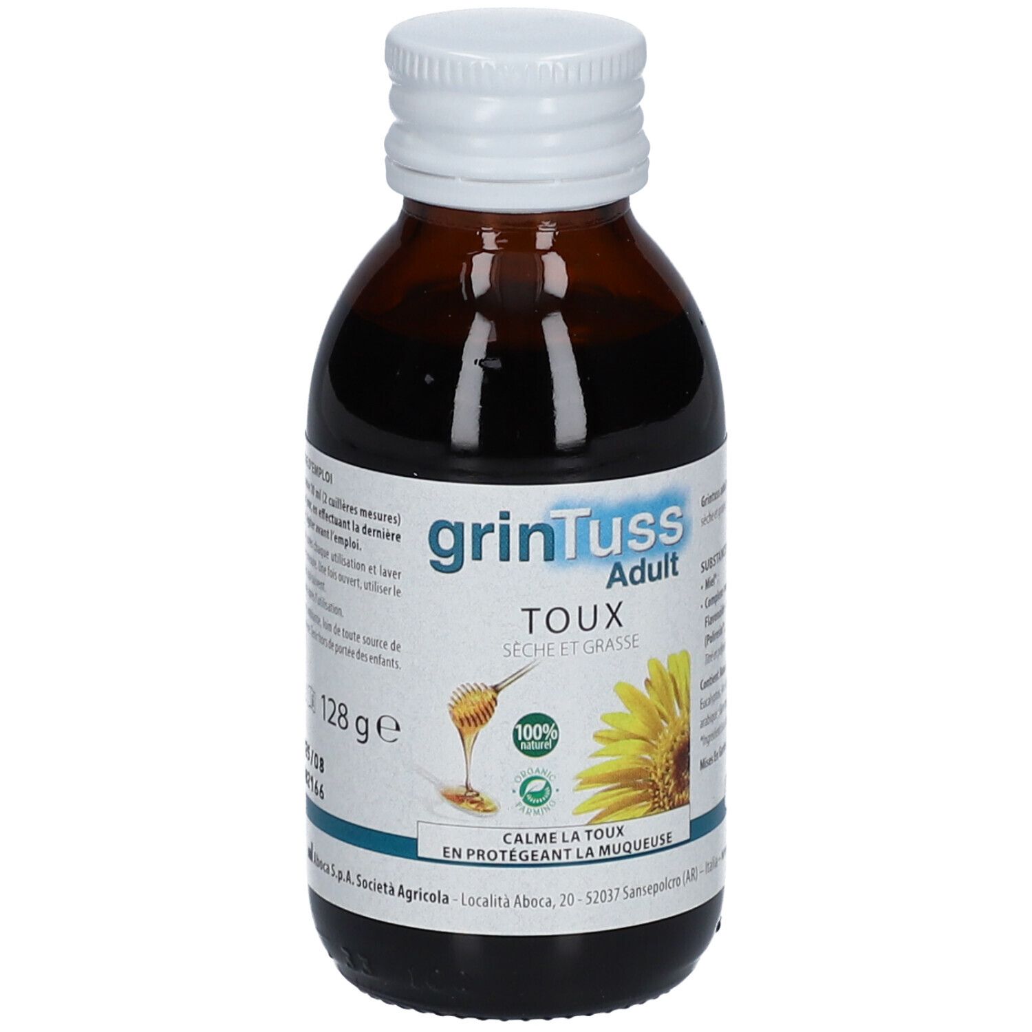 Flacon en verre brun avec bouchon blanc. Étiquette avec nom du produit et informations. Poids 128g.