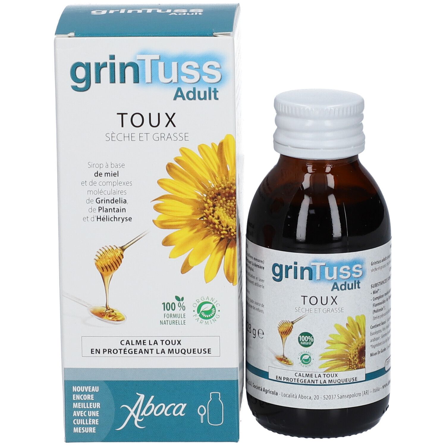 Flacon et boîte du produit. Boîte avec nom du produit et informations. Fleur jaune et nid d'abeille illustrés.