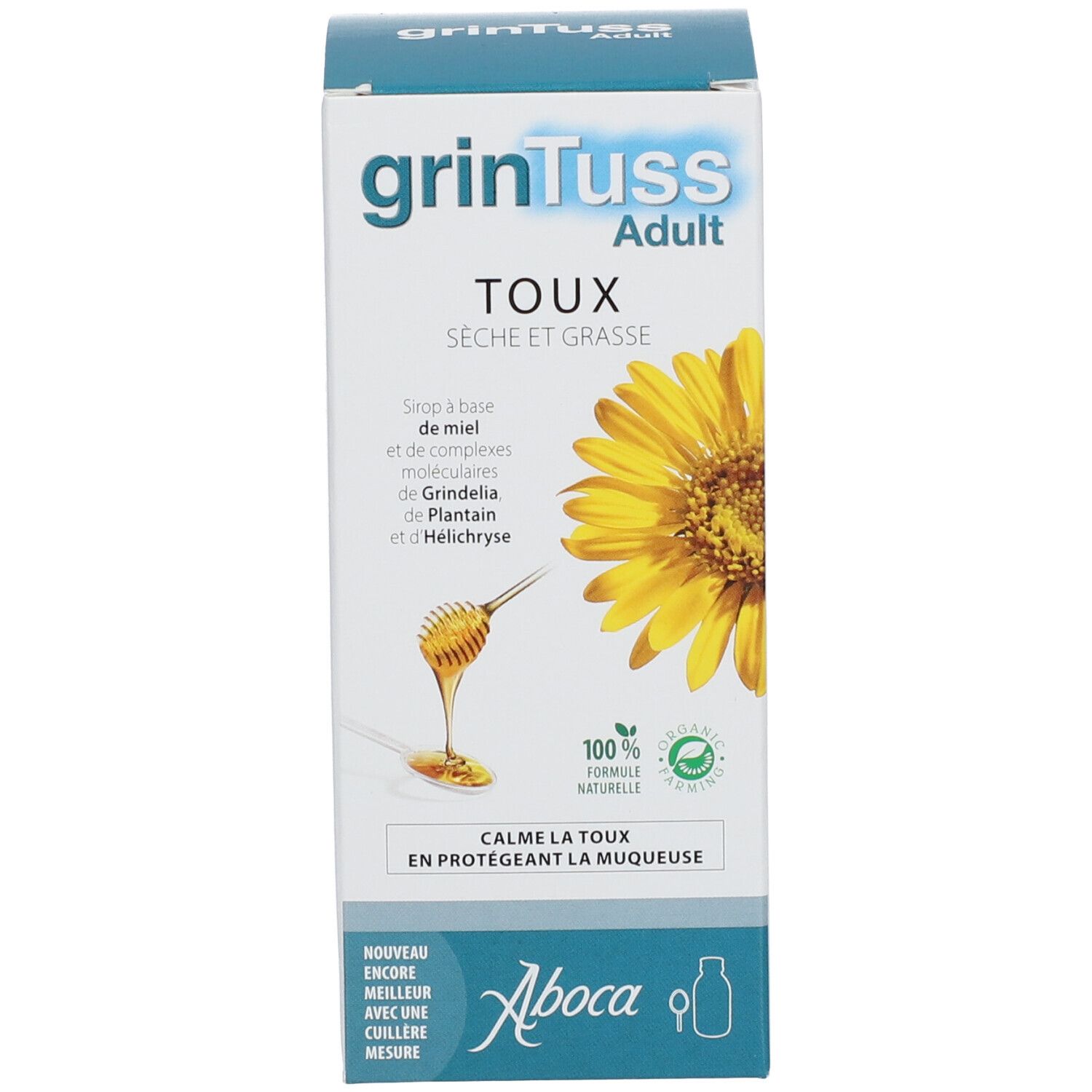 Emballage du produit. Boîte avec nom du produit et informations. Fleur jaune et nid d'abeille illustrés.