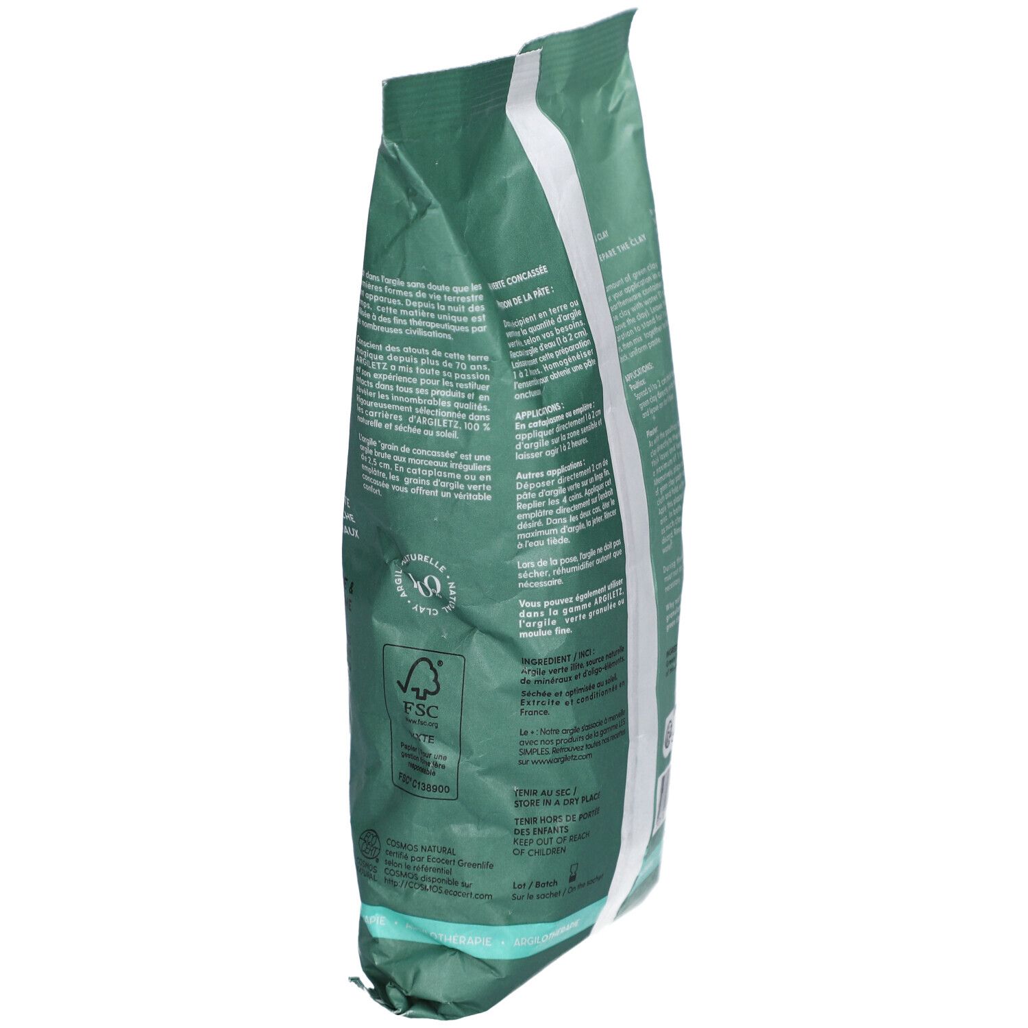 Vue latérale de l'emballage vert. Texte et certifications. Logo FSC et label de qualité français.