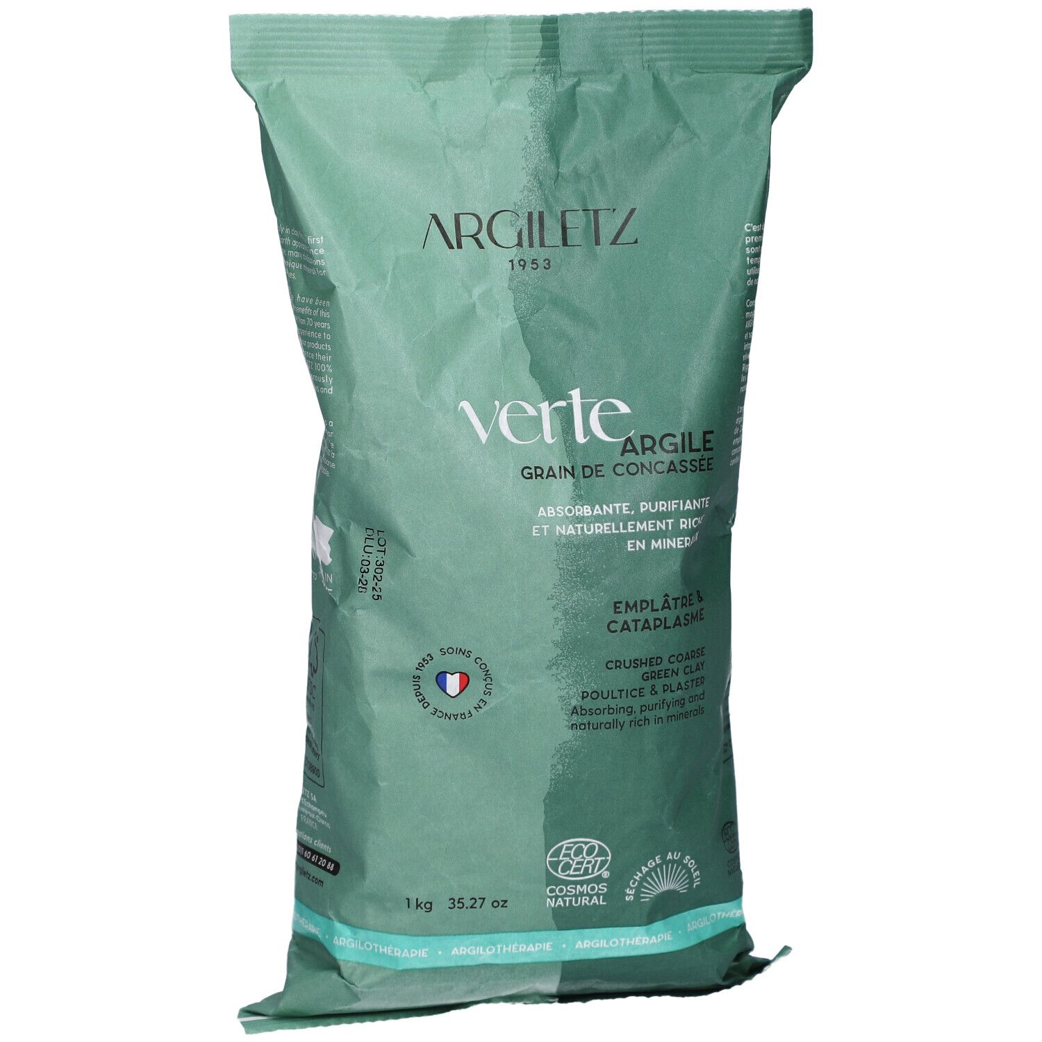 Emballage vert avec nom et texte du produit. Contient de l'argile verte concassée. Avec certifications et drapeau français.