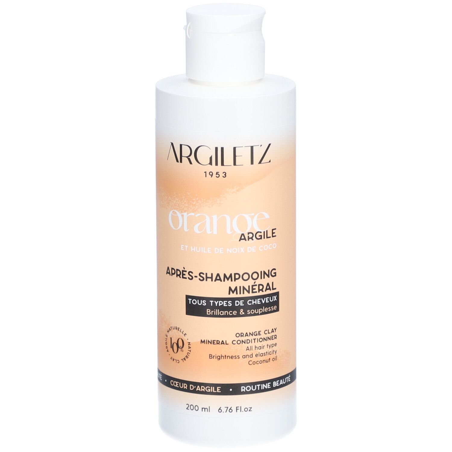 Flacon blanc avec étiquette orange. Inscription: ARGILETZ, orange, Après-shampooing minéral. Pour tous types de cheveux.